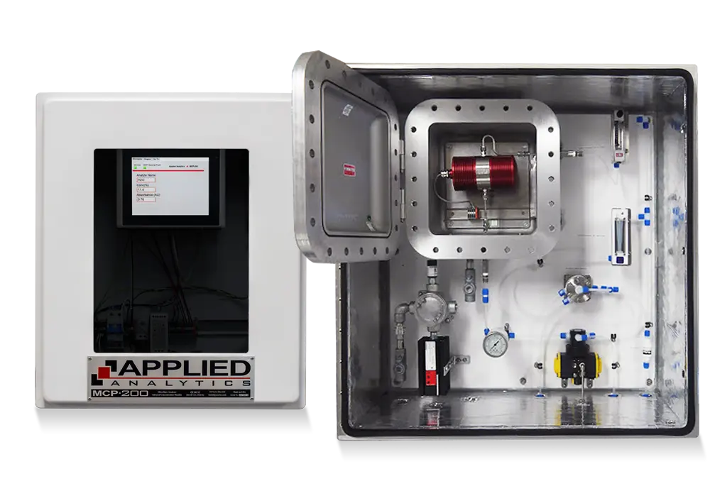 Applied Analytics MicroSpec MCP-200 infrared analyzer measuring moisture in dry EDC for corrosion and quality control.