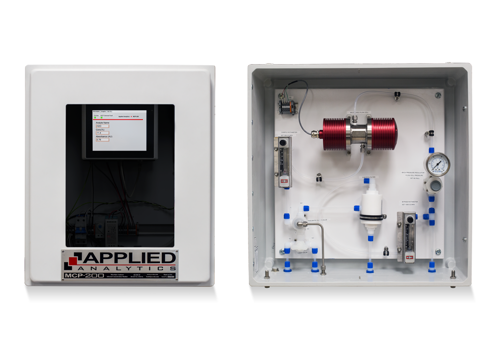 Applied Analytics MicroSpec MCP-200 infrared analyzer measuring moisture in VCM product for quality control.