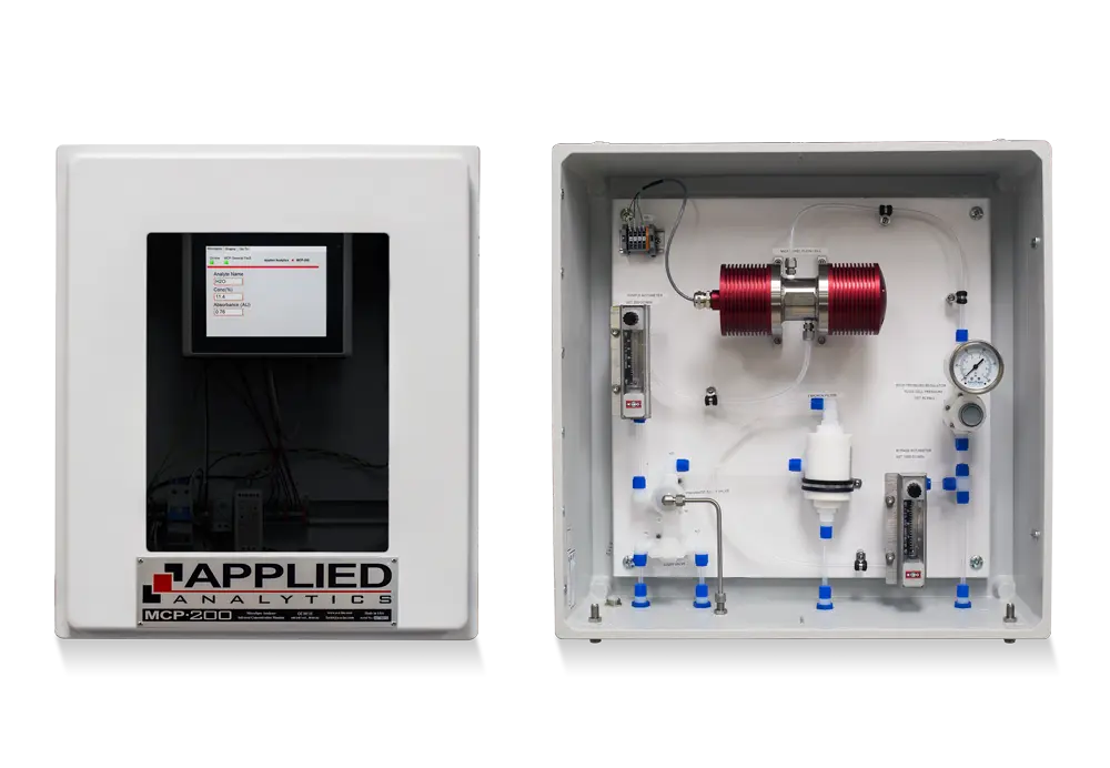 Applied Analytics MicroSpec MCP-200 infrared analyzer measuring moisture in VCM product for quality control.