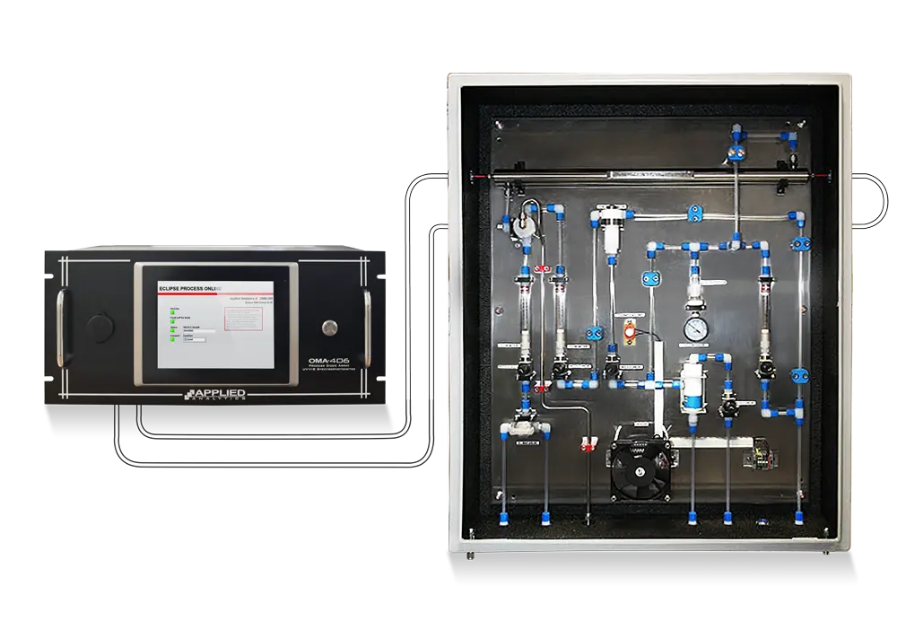 Applied Analytics OMA-300 process analyzer measuring wet chlorine and NCl₃ in cooling process effluent.