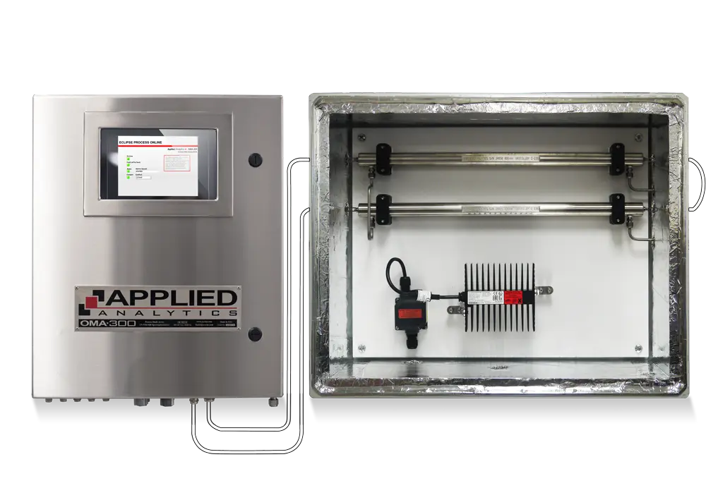 Applied Analytics OMA-300 process analyzer measuring treated chlorine vent gas for scrubber verification and EPA reporting.