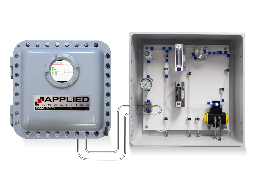 Applied Analytics OMA-300 process analyzer measuring FeCl₃ and chlorine in direct chlorination reactor effluent.
